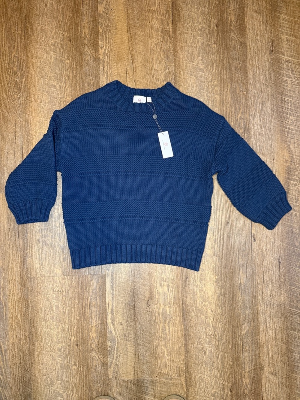 NWT Adriano Goldschmied Women's Navy Knit Puff Sleeve Crewneck Sweater Size XS